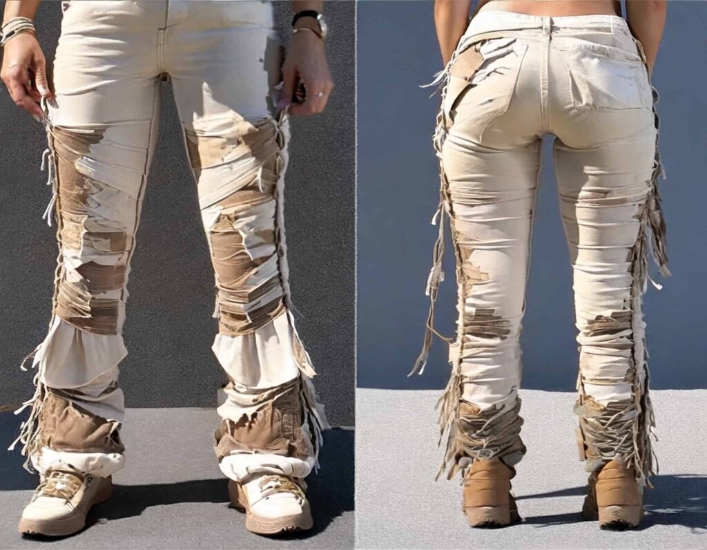 Mixed upcycled ripped jeans with frills on the side.